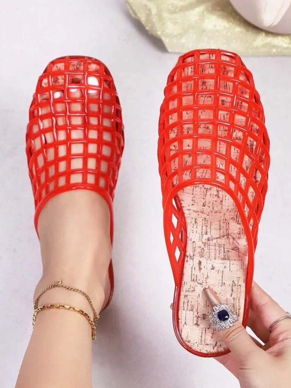 Women's Red Open-Weave Slip-On Flats women well worn jelly size 8.5